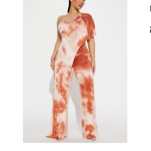 Fashion Nova Orange and Cream One-Shoulder Jumpsuit